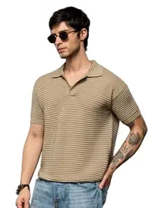 The Souled Store Classic Polo: Ecru Men and Boys Short Sleeve Spread Collar Jacquard Cotton Oversized Textured Jacquard Knit Breathable All-Season Lightweight Polos