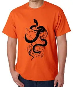 Caseria Men's Round Neck Cotton Half Sleeved T-Shirt with Printed Graphics - Snake Crystal (Orange, XXL)