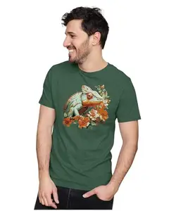 ALLEN BLACK Men's & Women's Regular Fit T-Shirt Chameleon with Flowers 100% Cotton Unise T-Shirt Olive Green_CHEMOLFW29-Olive Green 3XL Men Round_