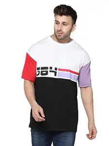 GRITSTONES Oversized Men White & Black Half Sleeve Colorblocked T-Shirt (GSHSOSTSH3097WHTBLKRDU_S)