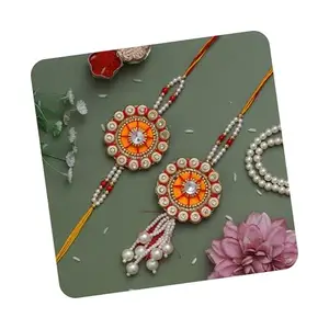 eCraftIndia Orange and Red Floral Pearls, Diamonds Designer Bhaiya Bhabhi Rakhi Set with Roli Chawal Pack - Rakhi for Brother, Bhaiya, Bhai - Lumba Rakhi for Bhabhi, Sister
