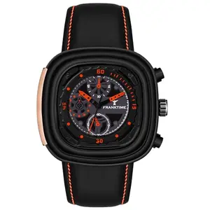 Franktime Chrono Gears Series | Black Leather Strap with Black,Red Square Dial | Analog Watch for Men
