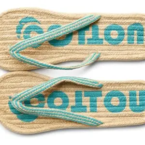 Cotton Flip-Flop Slippers, Natural Beige with Turquoise Straps, Casual Beach Footwear for Men