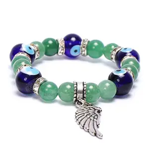 REBUY Green Aventurine Stone Evil Eye Feather Charm Bracelet 8 mm Beads Gemstone Bracelet for Men and Women