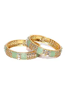 Priyaasi Set of 2 Gold-Plated Kundan Studded Meenakari Bangles in Mint Green Color