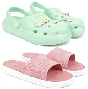 Pampy Angel Combo Pack of 2 Slipper/Flip Flops/Slides/Clogs/Sandals with Adjustable Back Strap for Women,(WCL-Ranbo-Green,Buckle-Pink),37 (Euro)