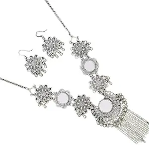 LASHKARA OXIDIZED FLOWER MIRROR LONG NECKLACE