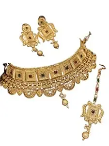 Qivinshi Imitation Gold Plated Gold AD Stones & Beads Choker Necklace Set With Earring And Maangtika | Imitation Jewellery Set For Women [MULTIDESIGN] [SET OF 1]