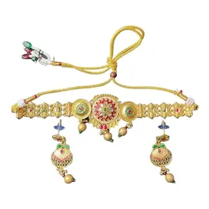 Aaiku Gold Plated Meenakari Work Jewelry Necklace Choker and Earrings Set, for Women and Girls