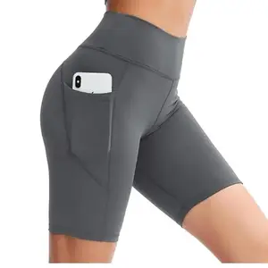 GEIFA Active Women's Short, Ultra Soft Stretch Nylon & Spandex High Waisted Yoga Bike Short Light Weight with Side Pocket Pack of 1 Solid(28 Till 32) (Grey)