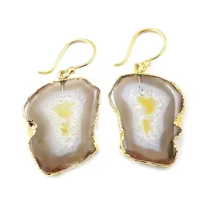 KHN Fashion Natural Milky Yellow Agate Slice Window Druzy Gold Electroplated Earrings Gifts For Women Girls
