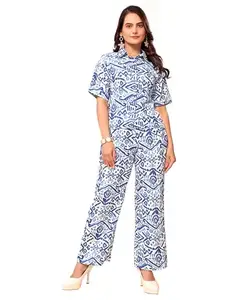 Masalli Fashion Women's Printed Co-ord-Set (White & Blue, XS)