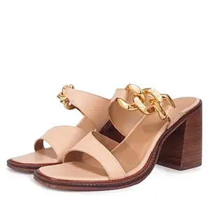 SaintG Womans Gold Chain Embellished Cipra Leather Block Heels