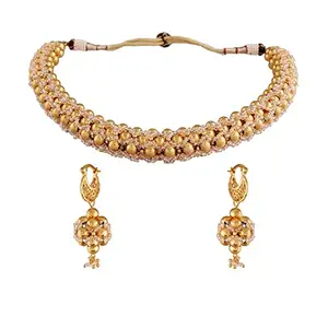 Amazon Brand - Anarva  18k Gold Plated Moti Beads Maharashtrian Style Thushi Choker Necklace Jewelry Set for Girls & Women (MC085W)