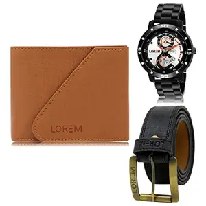 LOREM Mens Combo of Watch with Artificial Leather Wallet & Belt FZ-LR107-WL01-BL01