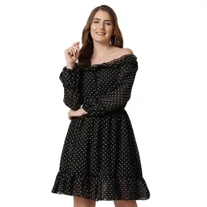 DUVE Fashion Casual Polka dot Print Georgette Off Solder Mini Dress for Women and Girls Black