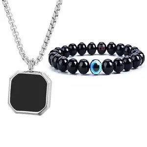 DF Store Black Silver Chain For Men Boys Geometric Stainless Steel Black Silver Locket Pendant Necklace Chain with Evil Eye Nazar Bracelet Adjustable For Men Boys Love Gifts Combo
