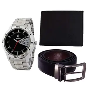 Rabela Men's Combo Pack of Analog Black Dial Watch Dark Black Wallet and Reversible PU Leather Belt RWWB-1128