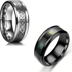 Women Combo Silver Dragon & Black Smart Temperature Ring (IR393)