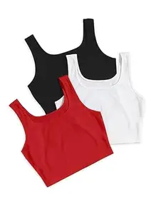 Toochki Women's Knitted Sleeveless Solid Sqaure Neck Ribbed Tank & Crop Tops (Pack of 3)
