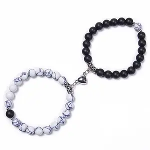 Revashree Craft World Couple Bracelets for Girls Boys Black & White Natural Stone Stretchable Wrist Band Heart Magnetic Bracelet For Men Women Valentine's Day Couple Gifts Lovers Couples Friendship