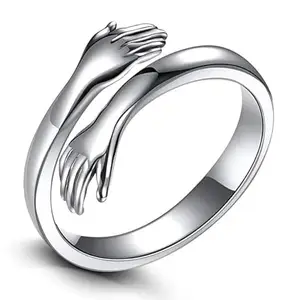 National Silver Color Stainless Steel Love Forever Valentine's Day Romantic Love Couple Embrace Statement Promise Anniversary Adjustable Hand Hug Me Thumb Finger Ring