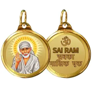 Diviniti 24K Double sided Gold Plated Pendant SAI BABA & OM 22 MM Flip Coin for Men, Women and children Religious locket for Good Health & Wealth Idol for gifting love ones (1 PCS)