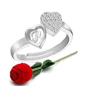MEENAZ CZ AD Valentine American diamond Silver Platinum Adjustable I Love You Heart Initial Letter Name Alphabet Love R Finger Rings for women girls girlfriend couples lovers Stylish Red Ring ROSE BOX