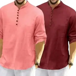 FINIVO FASHION Combo of Men’s Casual Full Sleeve Kurta Style Shirt with Button Placket, Lightweight Breathable Fabric, Regular Fit Ethnic Fusion Wear for Daily & Festive Use Pack of 2