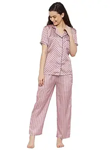 Fasense Women Satin Polka & Stripes Night Suit Top & Pyjama Set KL001 (Small, Coral Blossom)