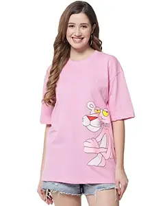 FUNDAY FASHION Women's Pure Cotton Casual Oversized Printed Loose T Shirt (XX-Large, Pink New)