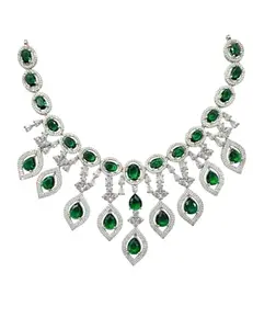 Luxury Statement Necklace, Green Emerald Crystal Drops, Silver-Toned Rhinestone Setting