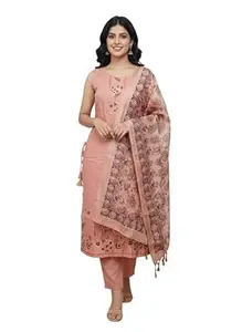 Veda Women’s Cotton Embroidered Kurta Pant Dupatta Set Sleeveless Round Neck Ethnic Wear