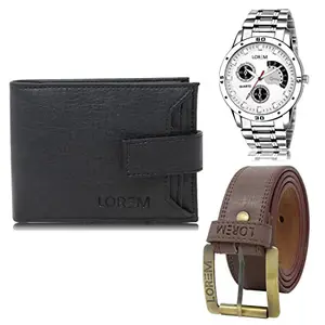 LOREM Mens Combo of Watch with Artificial Leather Wallet & Belt FZ-LR101-WL08-BL02