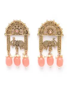 ADIVA Gold-Plated Pink Pearl & Stone Elephant Shaped Handcrafted Drop Earrings