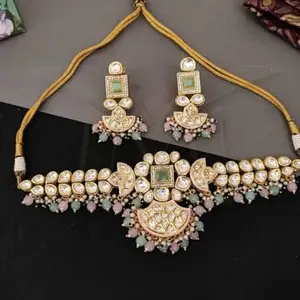 Imitation Jewellry Mint Green & Pink Kundan Choker Necklace set With Earrings