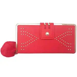 Swangle Stylish Studded Wallet for Women with Cute Pom Pom (Red)