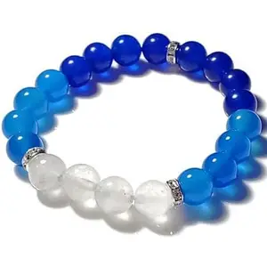 RRJEWELZ Natural Blue Jade & Crystal Quartz 8mm Round Shape Smooth Cut Beads Stretchable Bracelet for Men & Women.|STBR_RR_02113_7.0