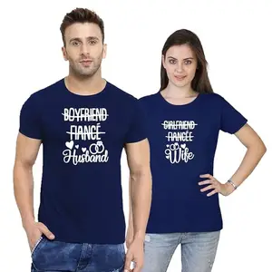 Fashions Love Couple Lovers Combo (Husband & Wife) Cotton Husband & Wife Printed Half Hand Round Neck Navy Blue T Shirts for Couple Men-X/42, Women-X/39 - Combo of 2