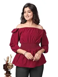 Women Crepe Solid Off Shoulder Tunic Tops, Ruffle Off Shoulder Neck & Sleeve Maroon