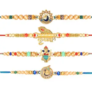 De Marquis 4 Designer Rakhi Gift Set for Brother, Mauli Thread Rakhi, Chawal Roli Pack, Greeting Card Set (4 Multicolor RAKHI set in different design with Roli and chawal)