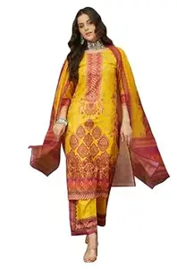 Janasya Women's Yellow Cotton Blend Floral Printed Straight Kurta Set