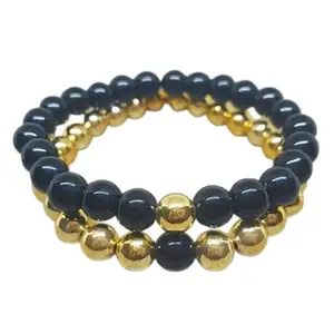 RRJEWELZ Hematite & Black Agate 8mm Round Smooth beads Long Distance Couples Love Friendship Combo Bracelet Set - Couples Relationship 6 inch Stretchable Bracelets set|RR_CPBR_131_6