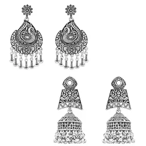 I Jewels Ethnic Silver Oxidised Afghani Floral & Peacock Design Drop Earrings Combo For Women & Girls (E3137-138CO)