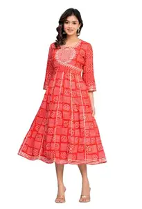 Sarai Creations Women Rayon Bandhej Print Zari Embroidered Flared Calf Length Dress(Red)