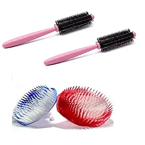 MJ Ragav Multicolored Hair Round Circle Shampoo Massage and Round Roller Comb Brush For Ladies and Gents, Men's and Women's Combo Pack Of -4