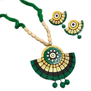 Lisma Fashion Handmade Terracotta (Clay Work) Pendent with Earrings for Women and Girls (Green)