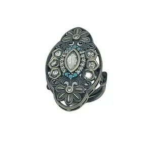 APEX 925 Sterling Silver Traditional Silver Oxidised with Kundan Adjustable Finger Ring |Gifts for Women and Girls | With Certificate of Authenticity and 925 Stamp | 1 Month Warranty*
