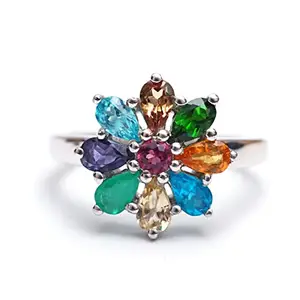 Hiflyer Jewels Multi Gemstone Ring Real 925 Solid Sterling Silver Ring Floral Ring Gemstone Ring Flower Design Silver Jewellery Cocktail Ring Gifts For Girls Birthstone Ring (20)