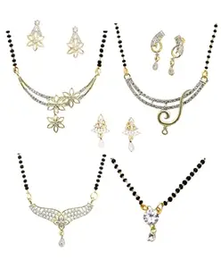 FemmibellaSet Of 4 Gold-Plated Cubic Zircon Mangalsutra Set |Pendant With Chain and Earrings Combo Mangalsutra For Women